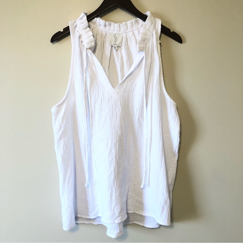 Joie | White Ruffled Gauze Split Neck Tank Top Shirt XL